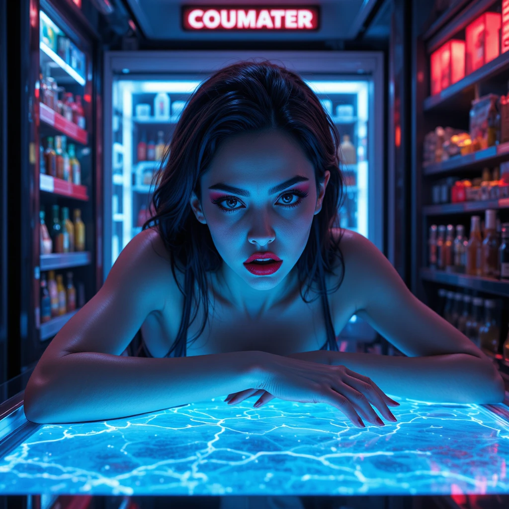 Angry sci fi woman beside refrigerator in dramatic light