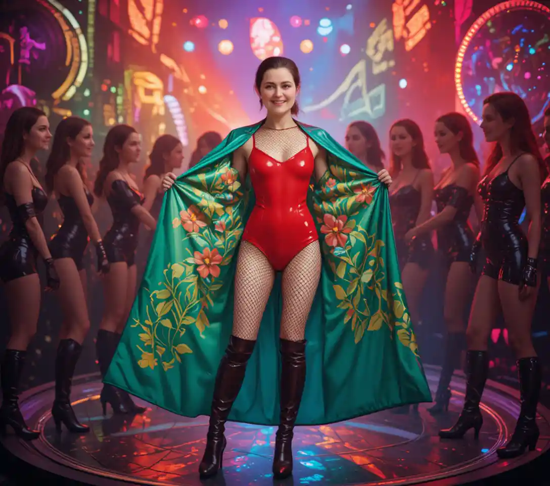 Woman in latex coat posing on colorful disco stage