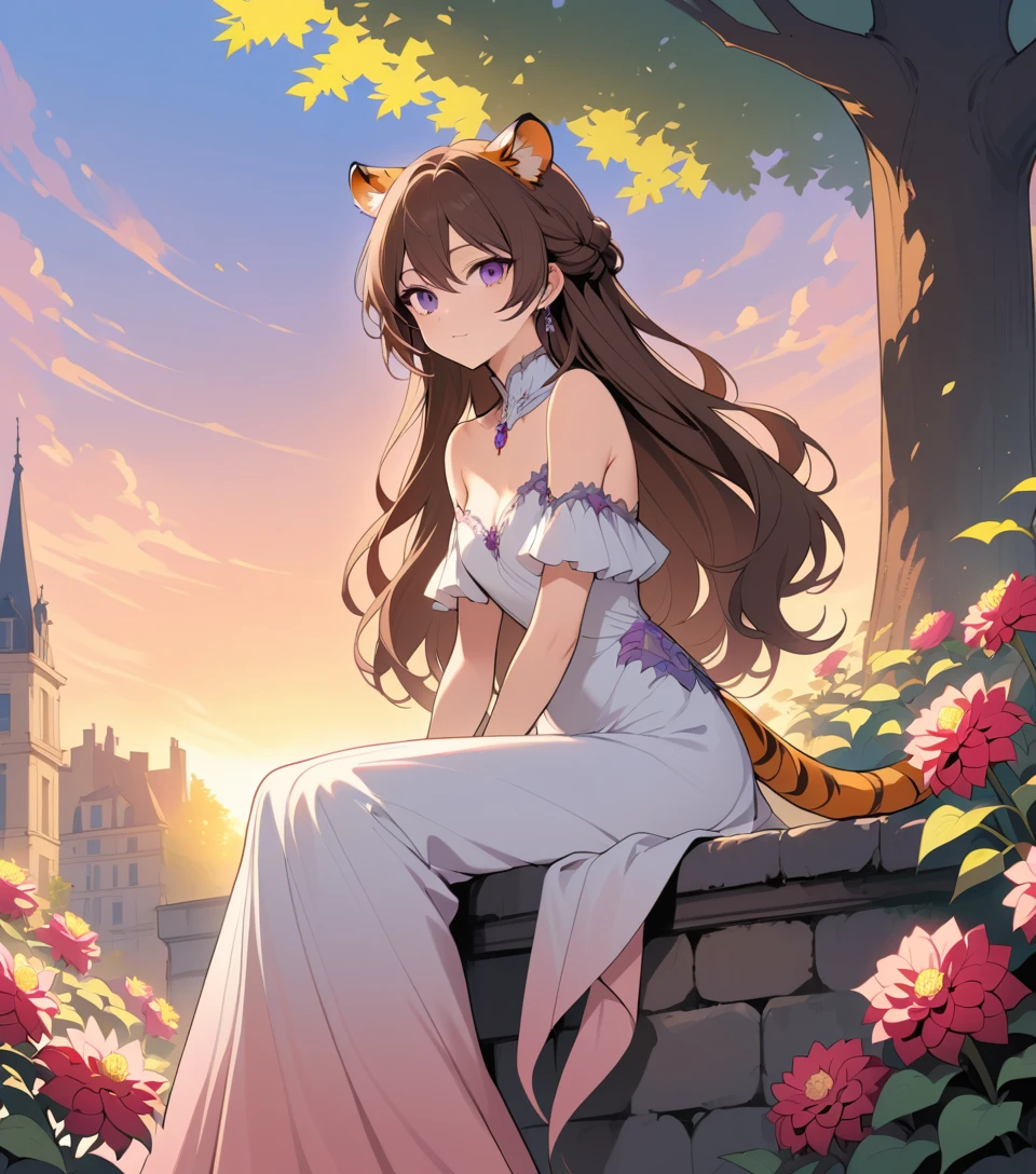 Aristocratic woman with tiger features at sunset in Paris