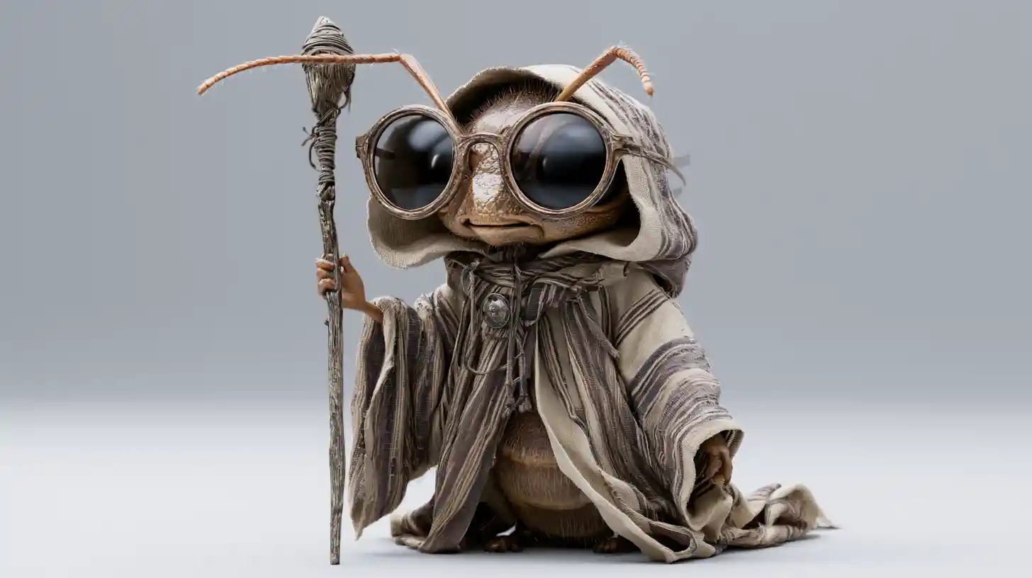 Anthropomorphic ant wizard in cloak with staff and glasses