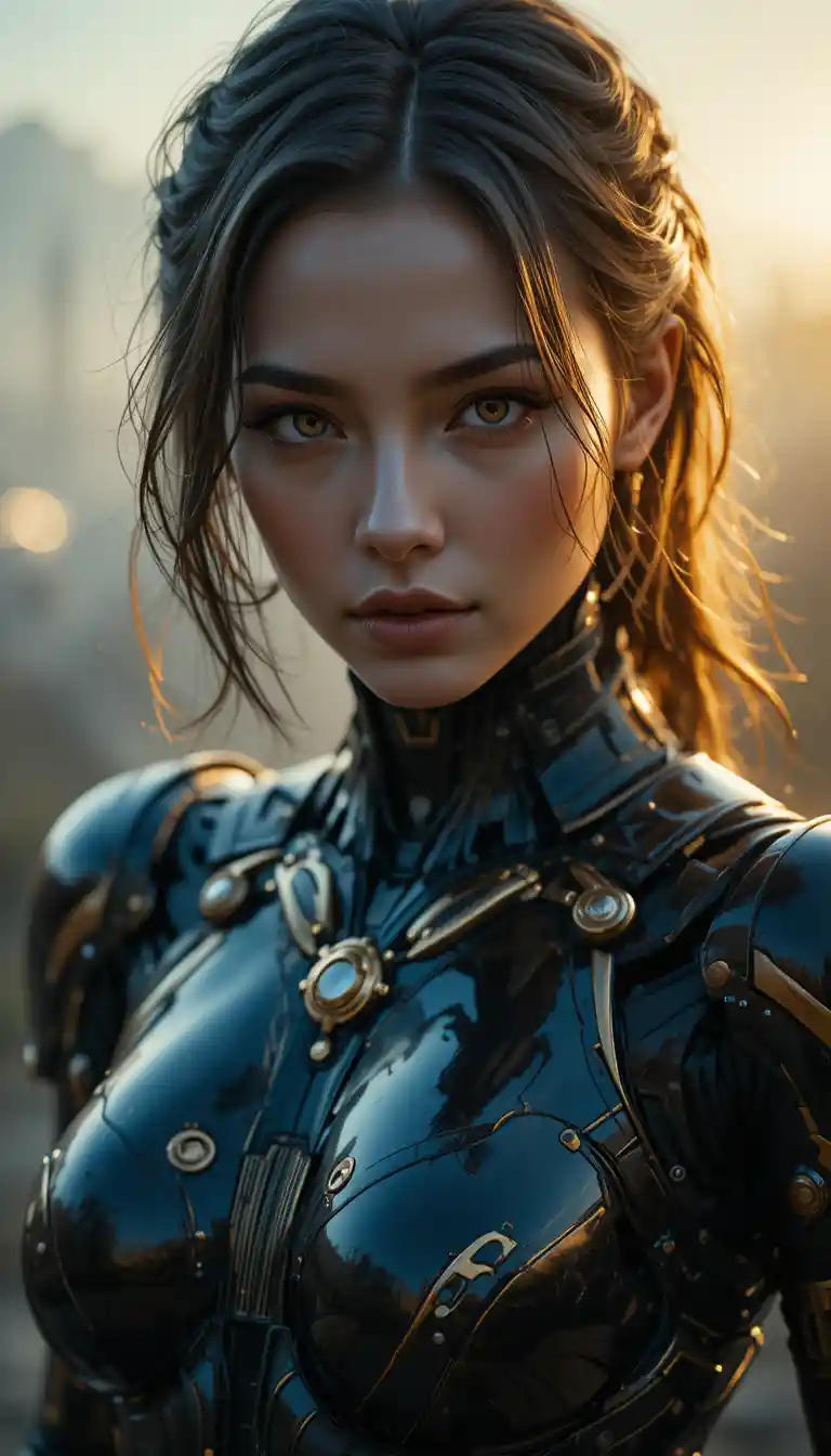 Cinematic portrait of a female android in black and gold armor