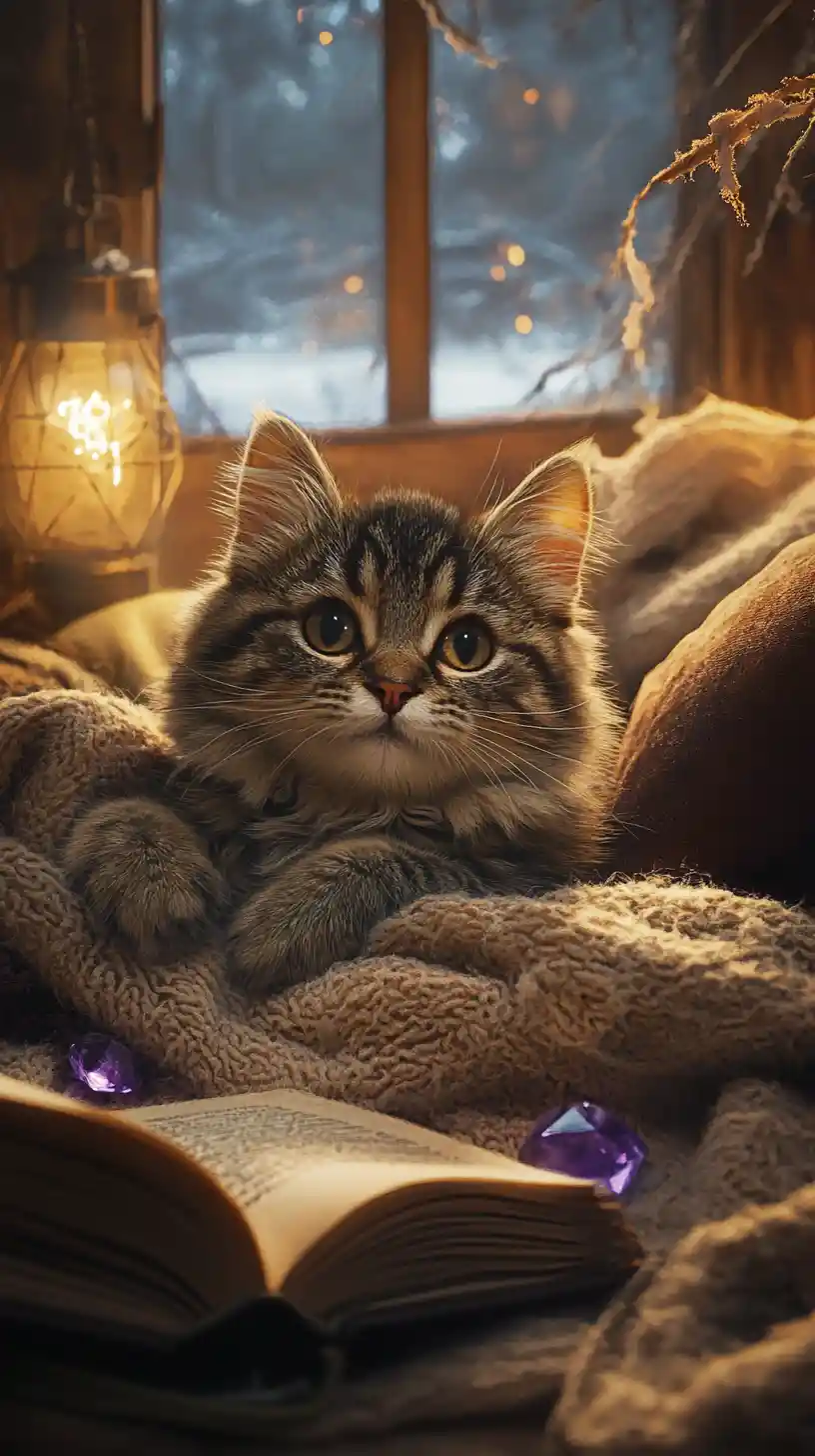 Cozy tabby cat resting on pillows in warm lamplight