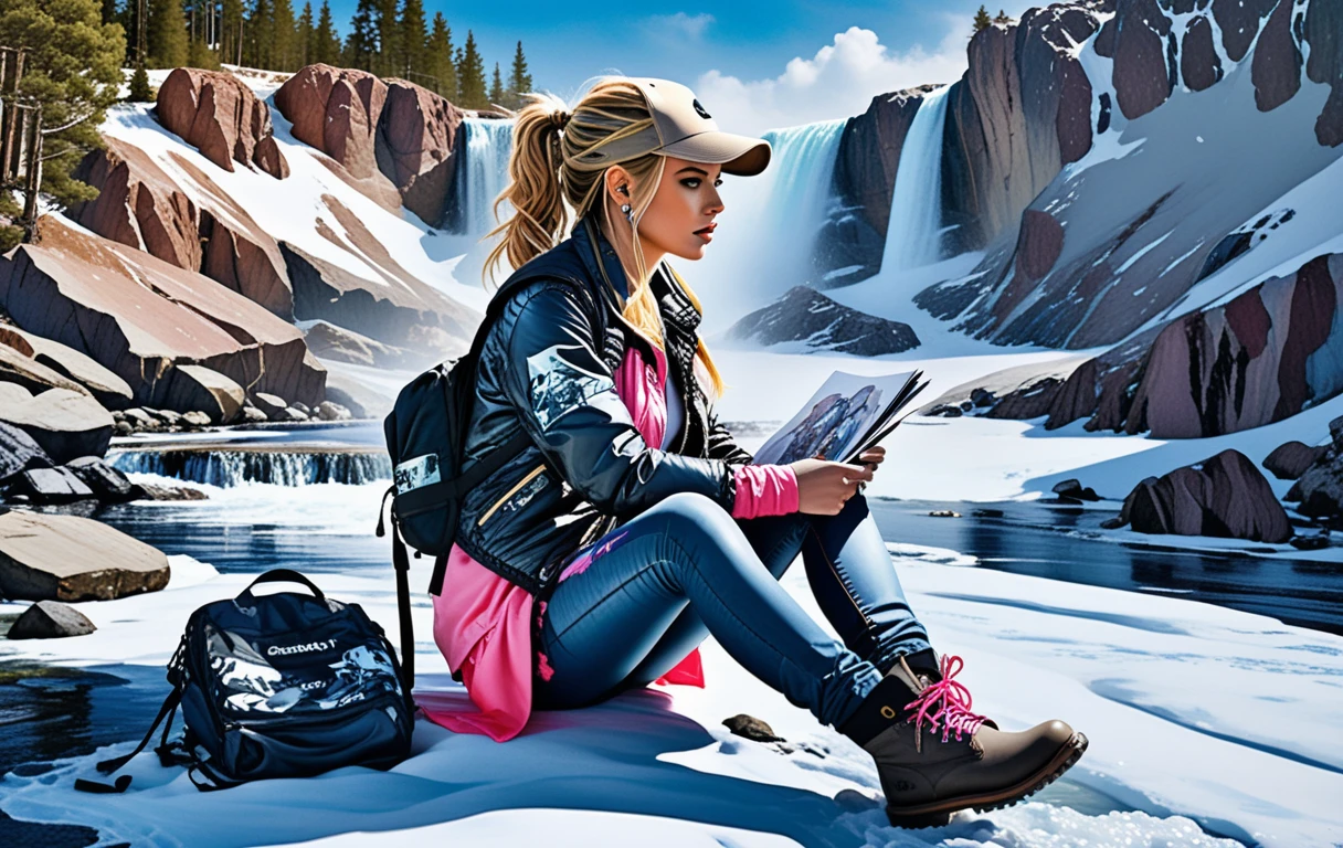 Blonde woman sketching by a quiet forest creek