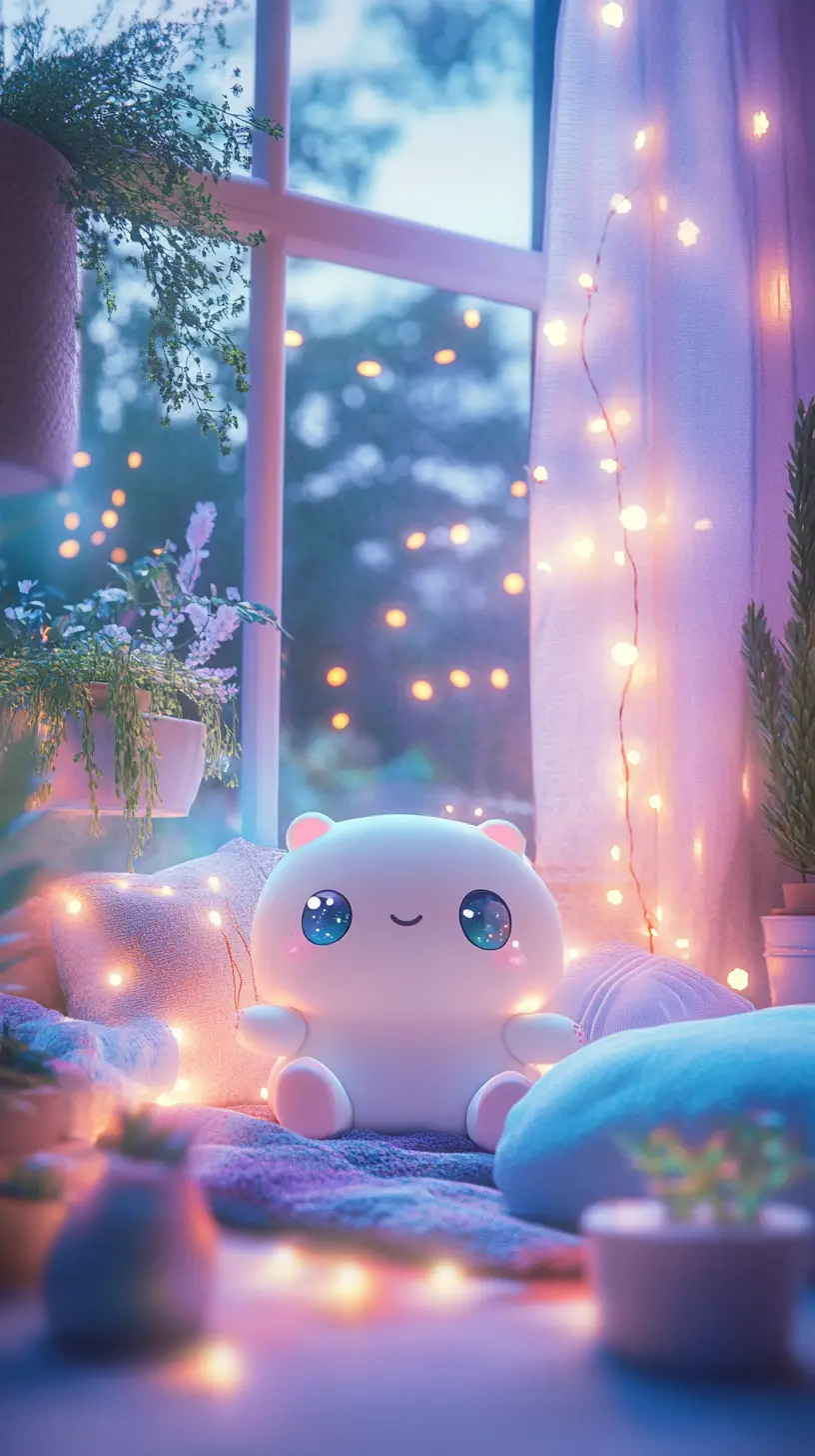 Cute girl relaxing in pastel bedroom with fairy lights