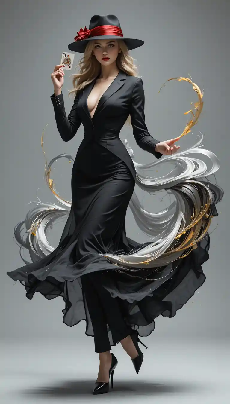 Elegant blonde woman dancing in swirling noir fashion