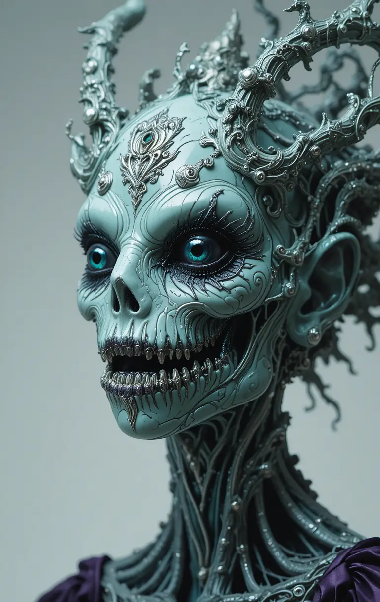 Creepy rococo monster with black metallic eyes and satin trim