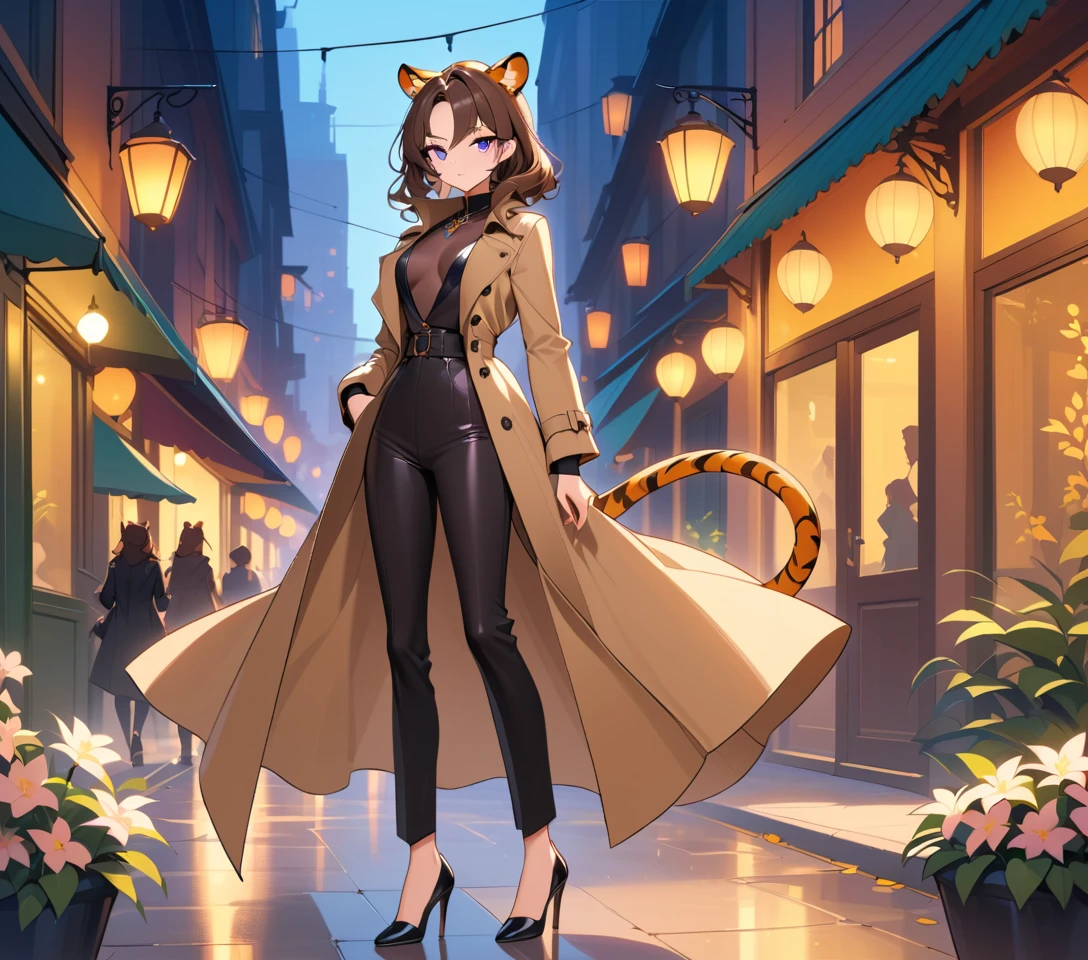 Confident woman with tiger ears on an evening city walk