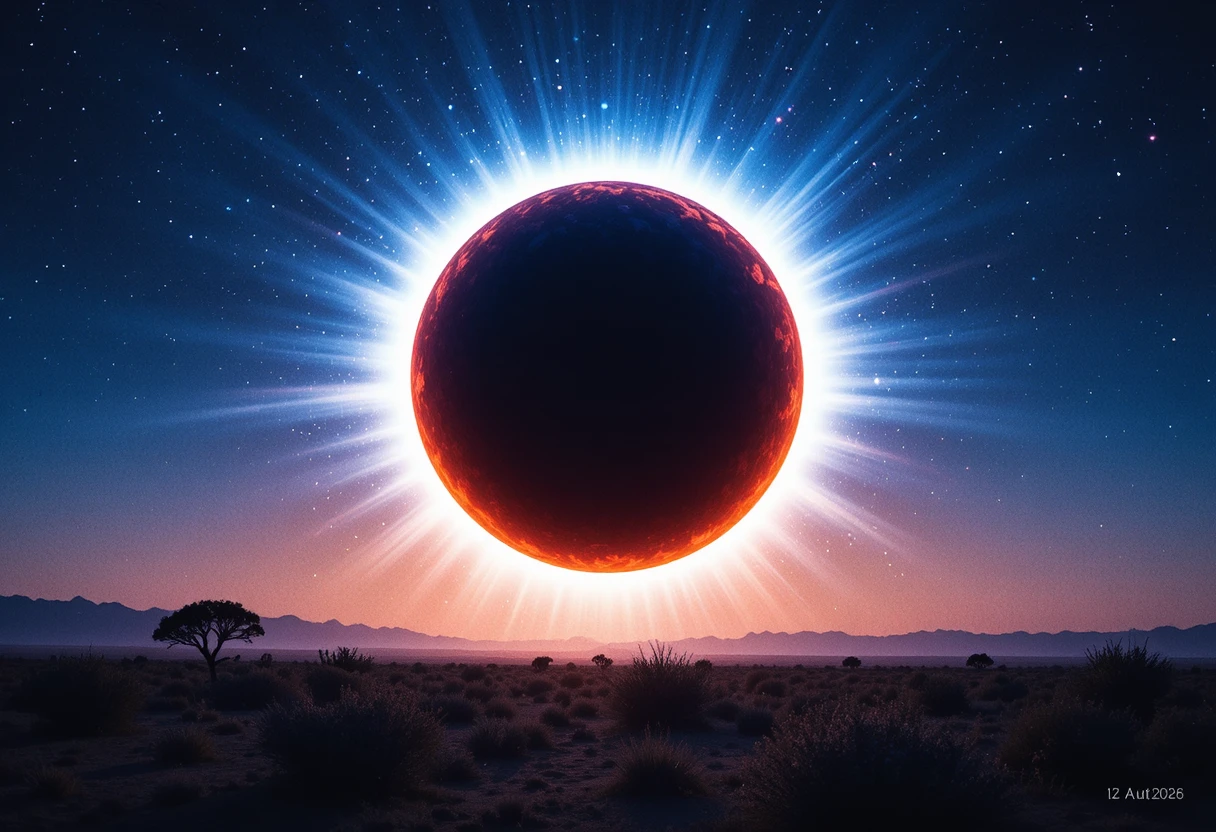 Eclissi solare totale con corona luminosa su paesaggio oscuro