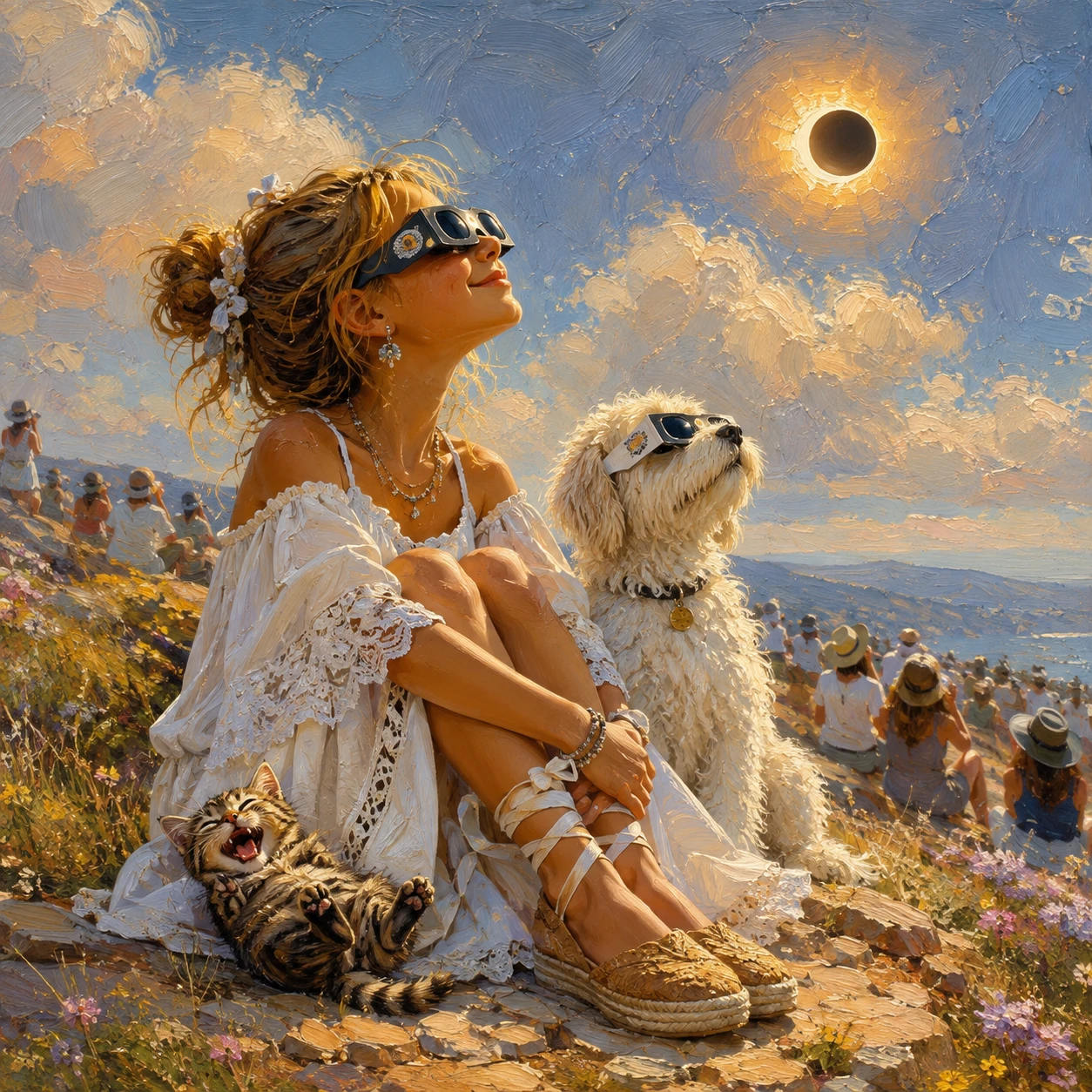 Girl and pets watching a solar eclipse on a hill