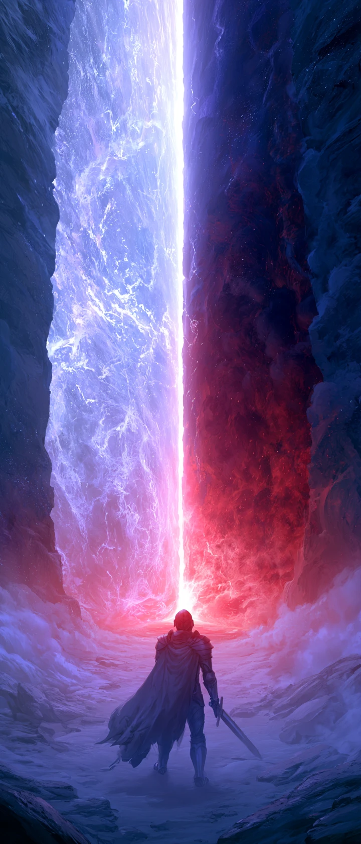Armored warrior facing a glowing portal between light and shadow