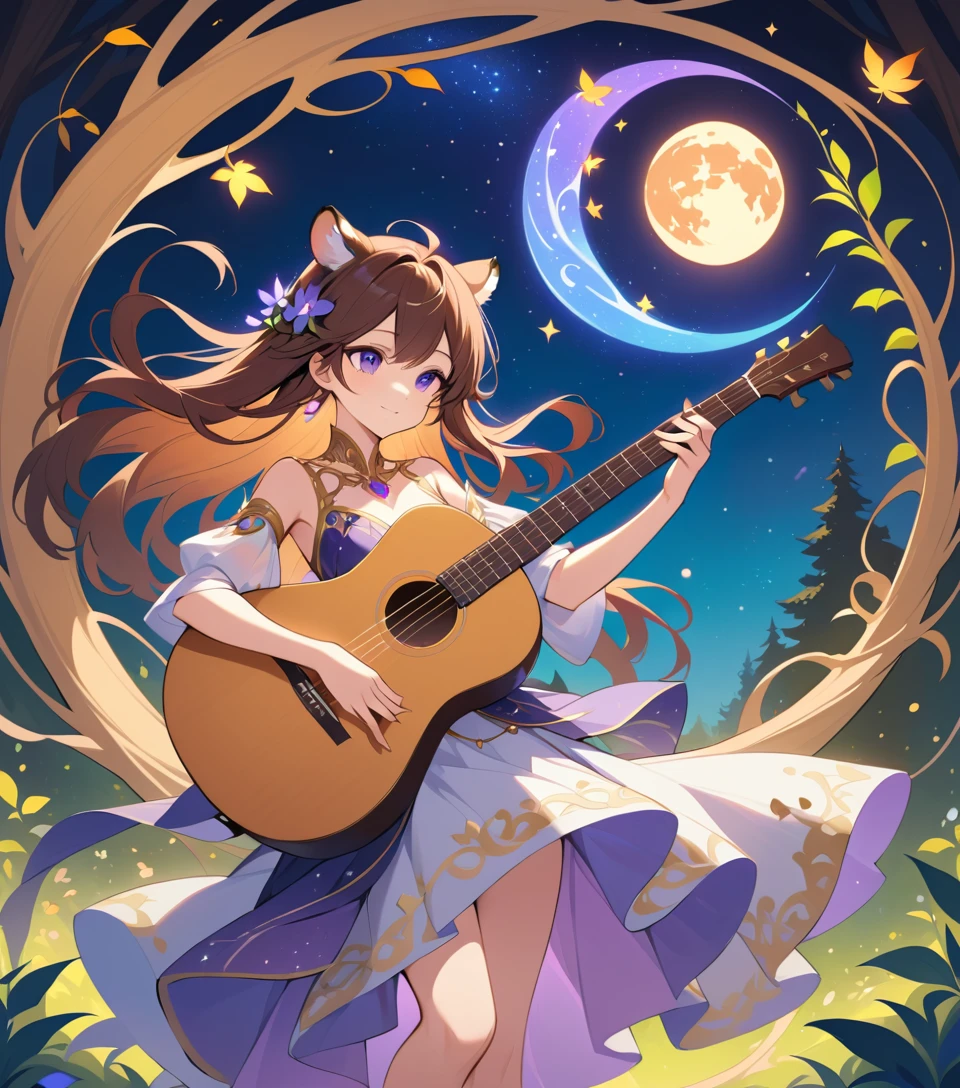Mystical woman playing guitar in an enchanted forest