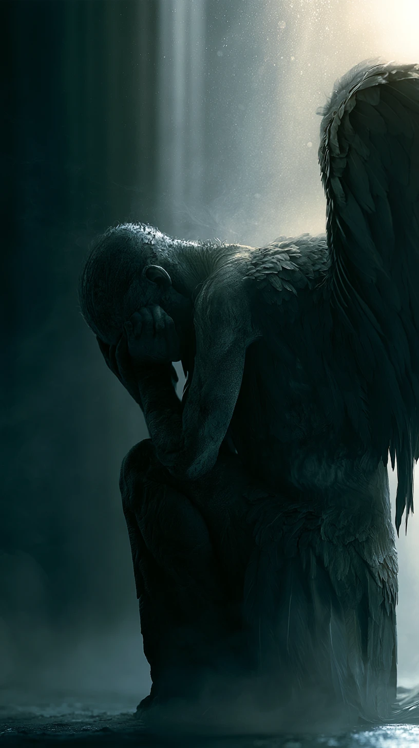 Surreal close up of a fallen angel in misty light