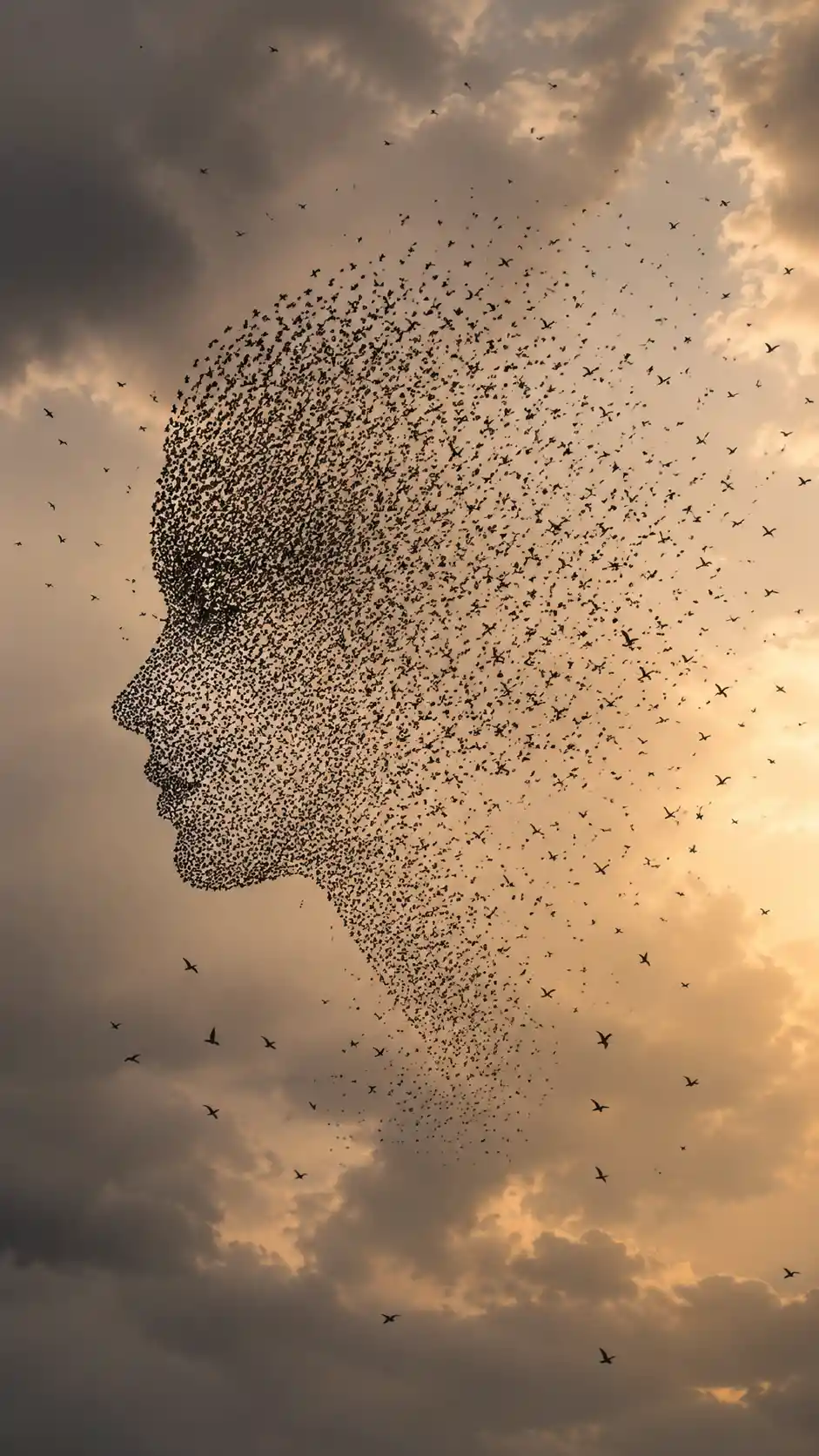 Flock of birds forming a woman profile in pale sky