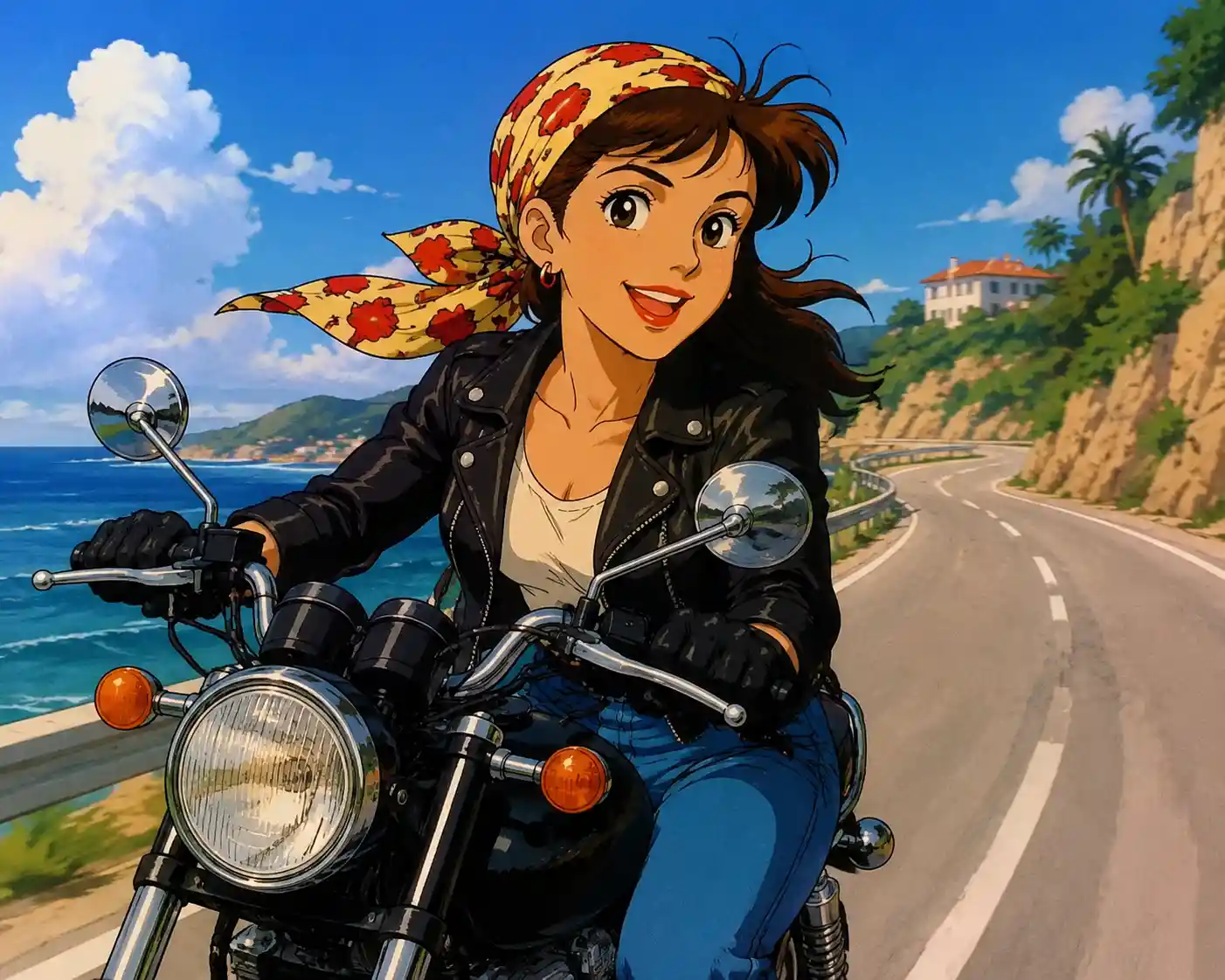 Confident young woman riding a motorcycle on coastal road