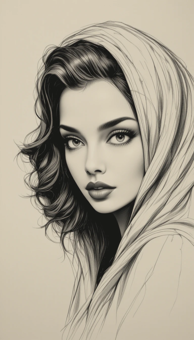 Charcoal pencil portrait of a veiled young woman