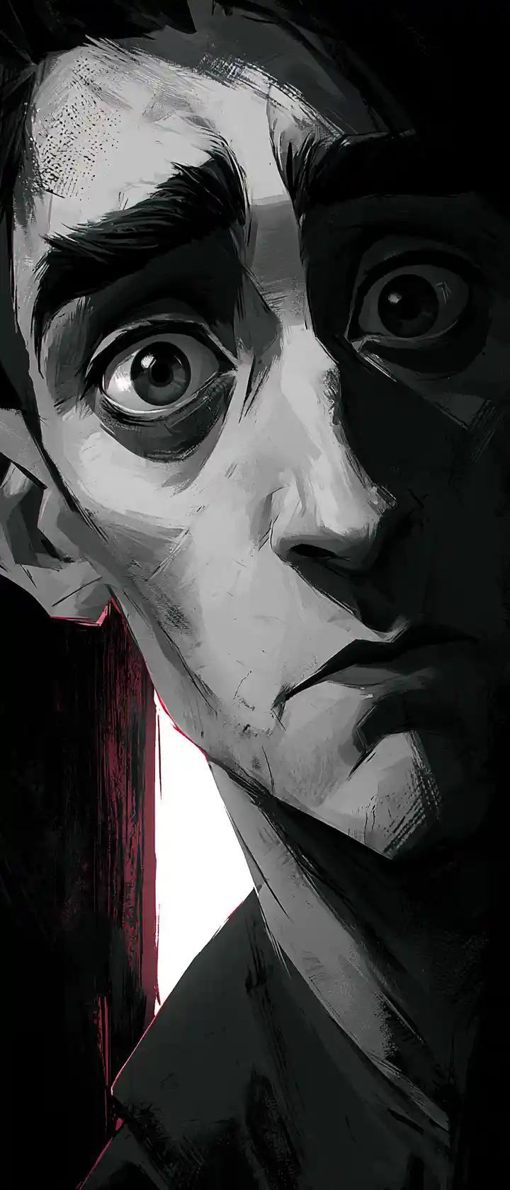 Gaunt Man In Shadowy Close Up With Harsh Uplighting