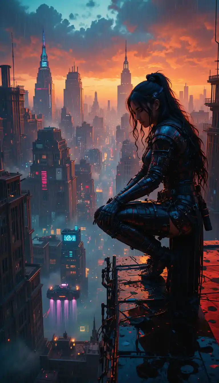 Female warrior on neon rooftop above steampunk city