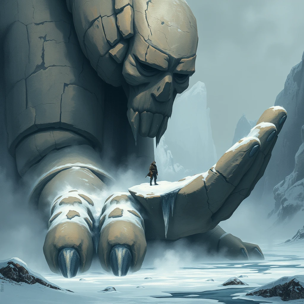 Tiny traveler on the open hand of an ancient stone giant