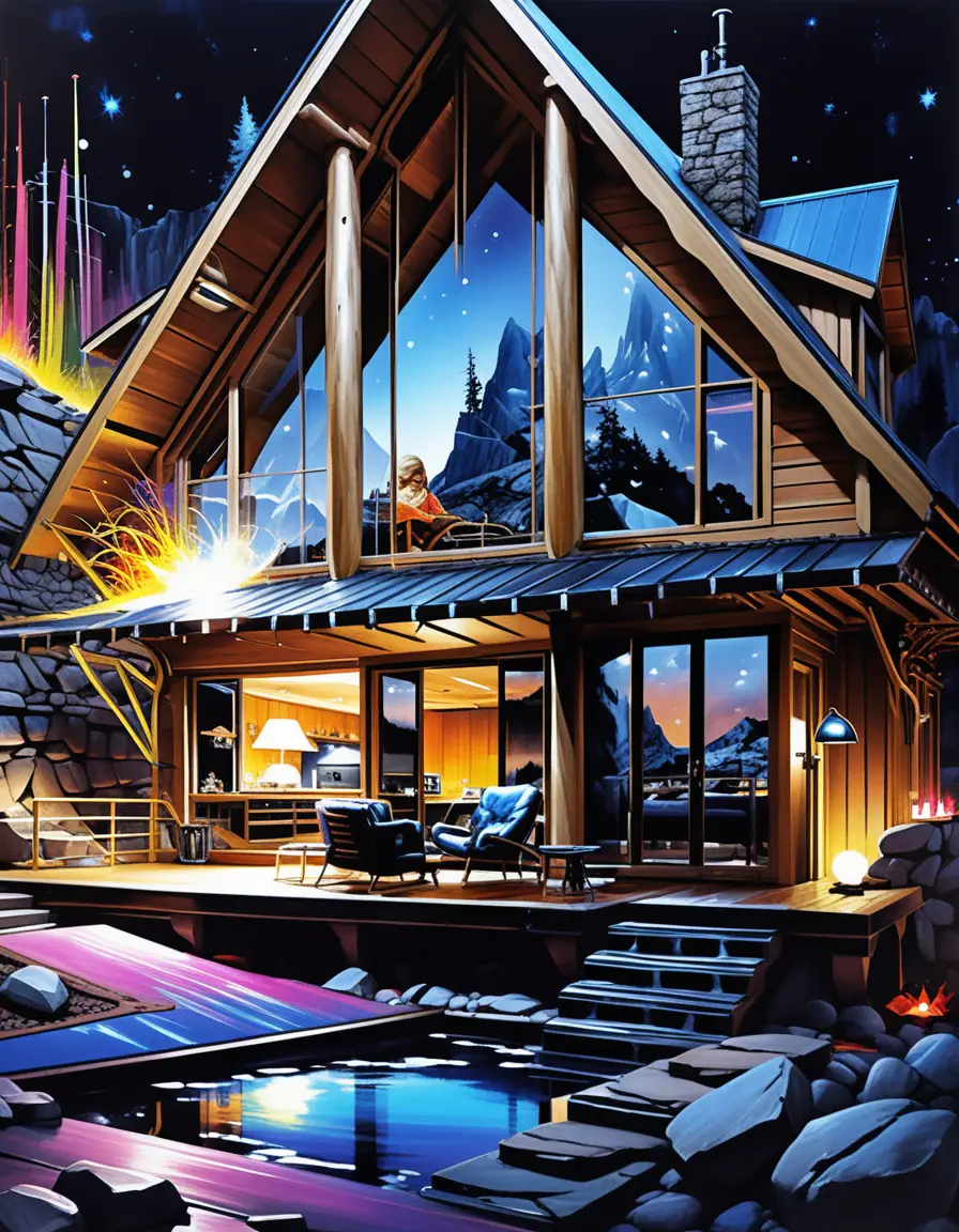 Luxury mountain cabin interior in stylized isometric view