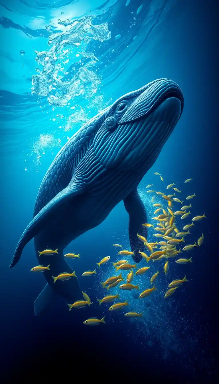 Majestic whale rising above a glowing coral reef