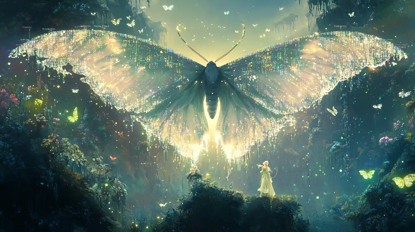 Luna moth macro scene woven from glowing data and symbols