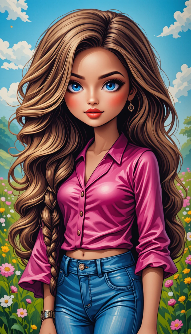 Smiling girl with long braided hair in pink satin blouse
