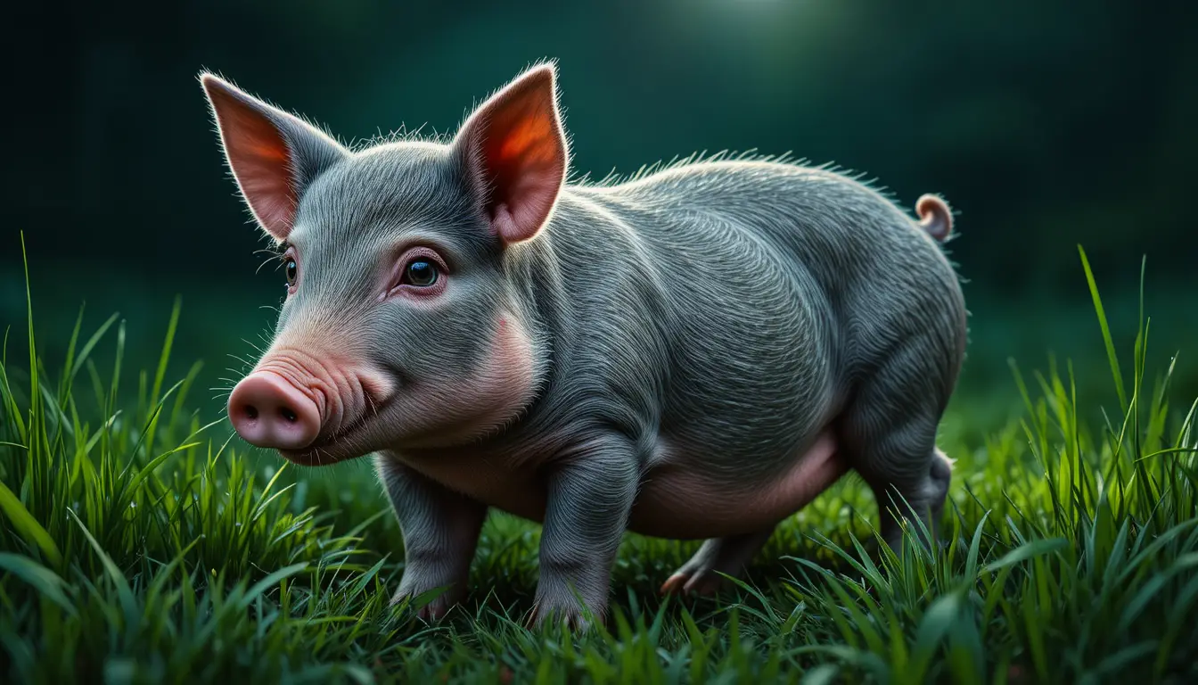 Nahaufnahme-Porträt eines kleinen grauen Schweins auf grüner Wiese