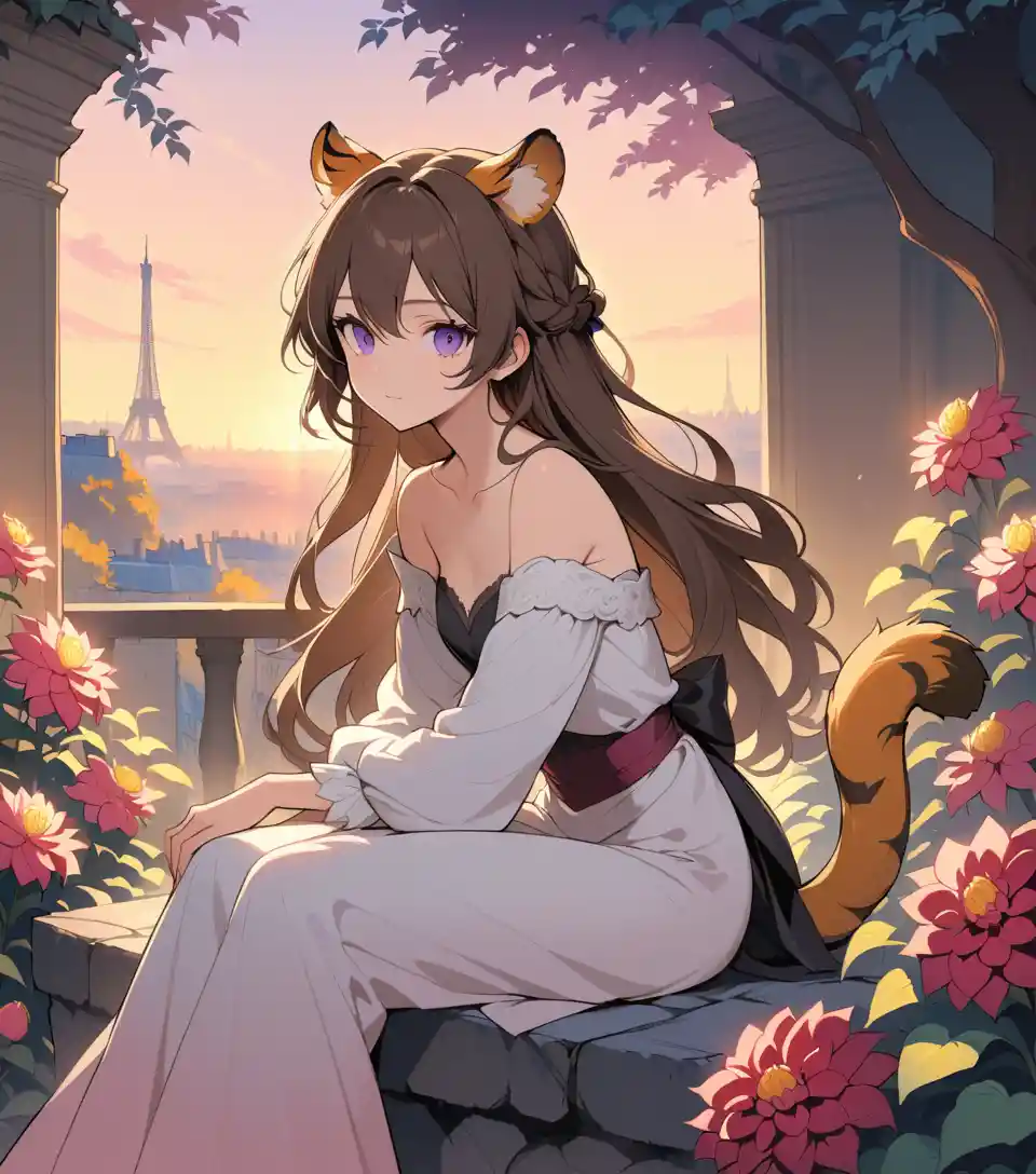 Elegant aristocratic woman with tiger features at Paris sunset