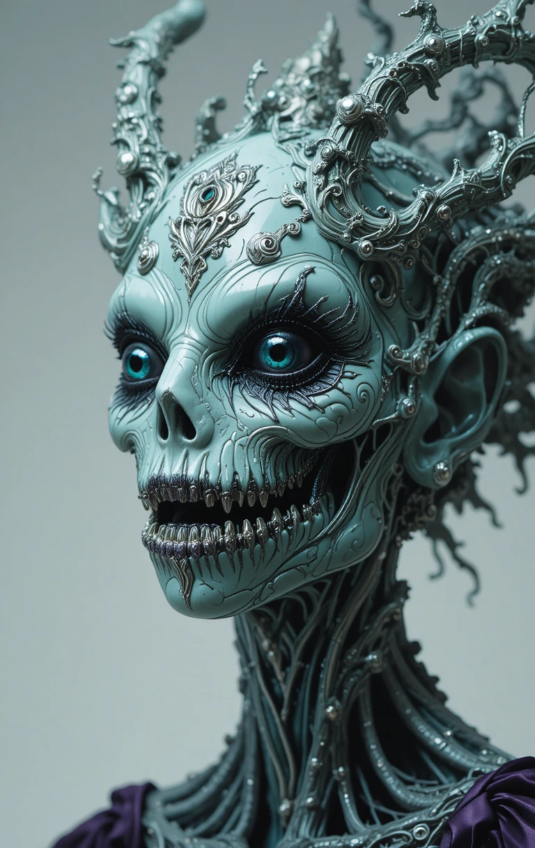 Creepy rococo monster with black metallic eyes and satin trim