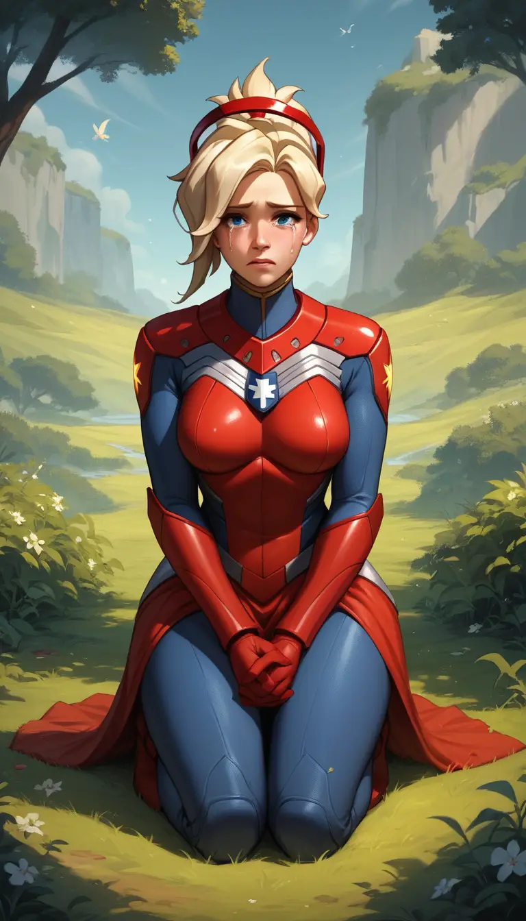 Armored sci fi woman kneeling in a crowded public square