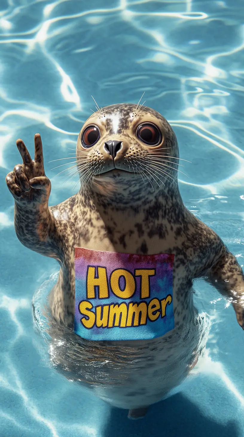 Cheerful seal in tie dye shirt floating in a pool