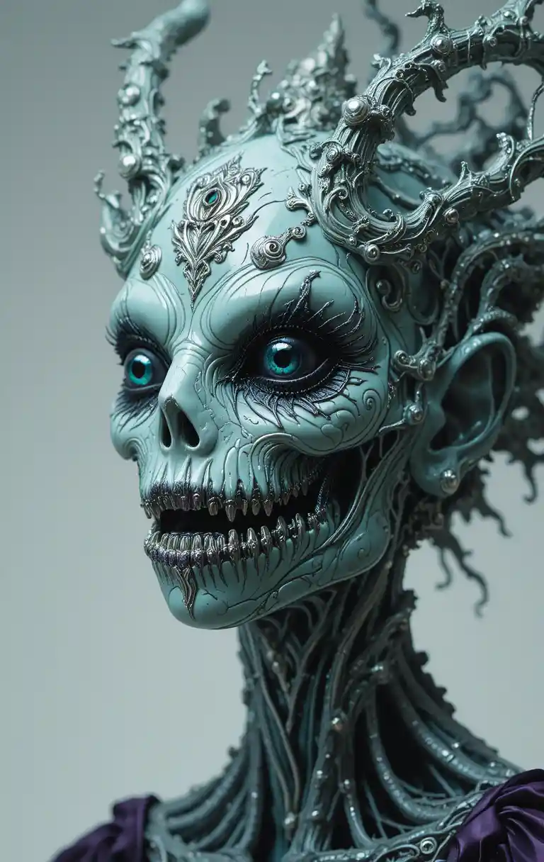 Creepy rococo monster with black metallic eyes and satin trim