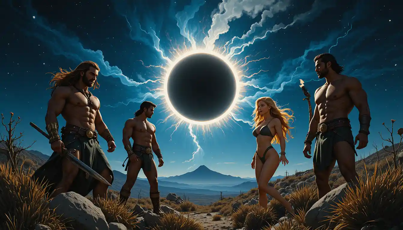 Dark fantasy warriors and reclining woman around cauldron