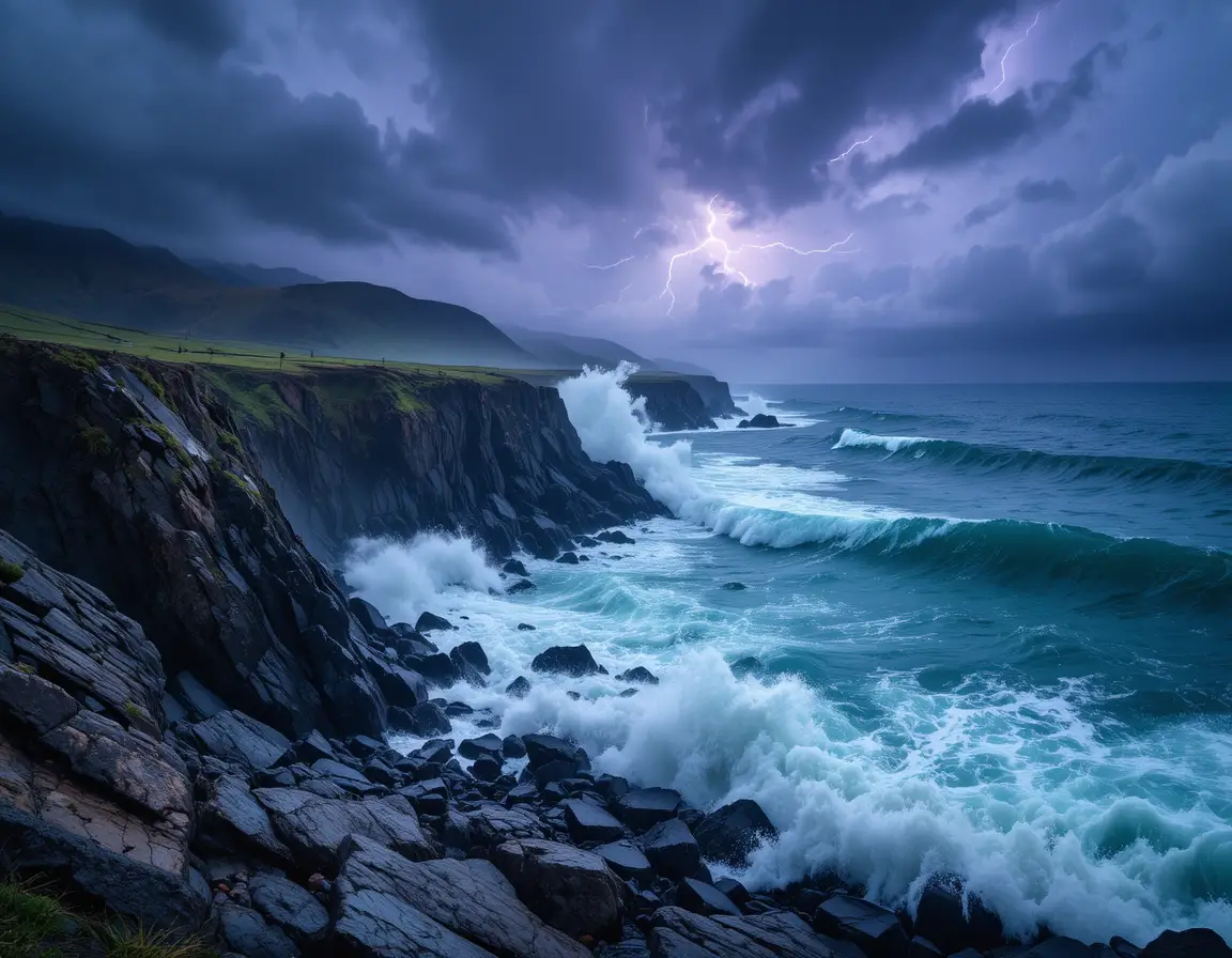 Stormy rocky coastline under lightning and swirling fog