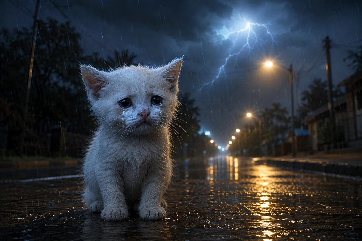 White cat on a rainy night street under soft yellow light