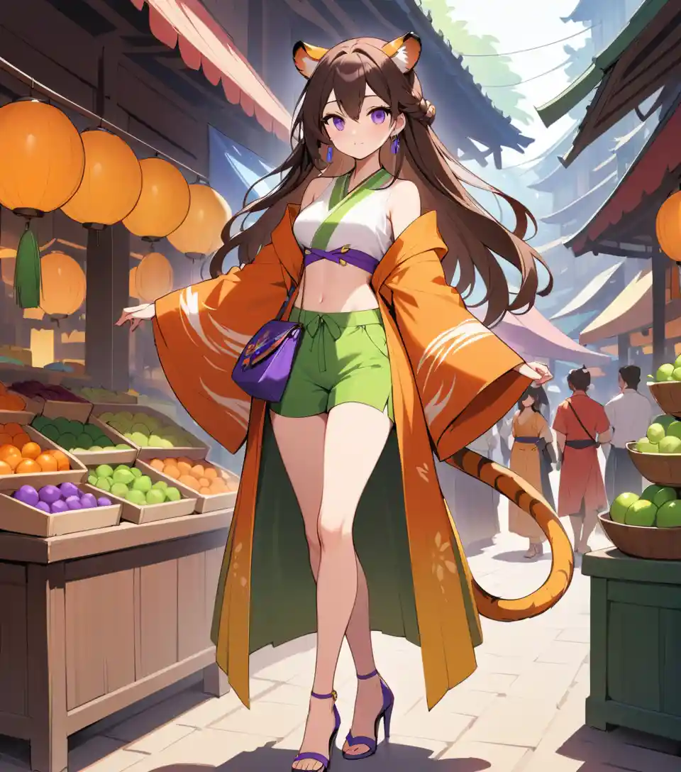 Tiger eared woman in kimono walking through busy market