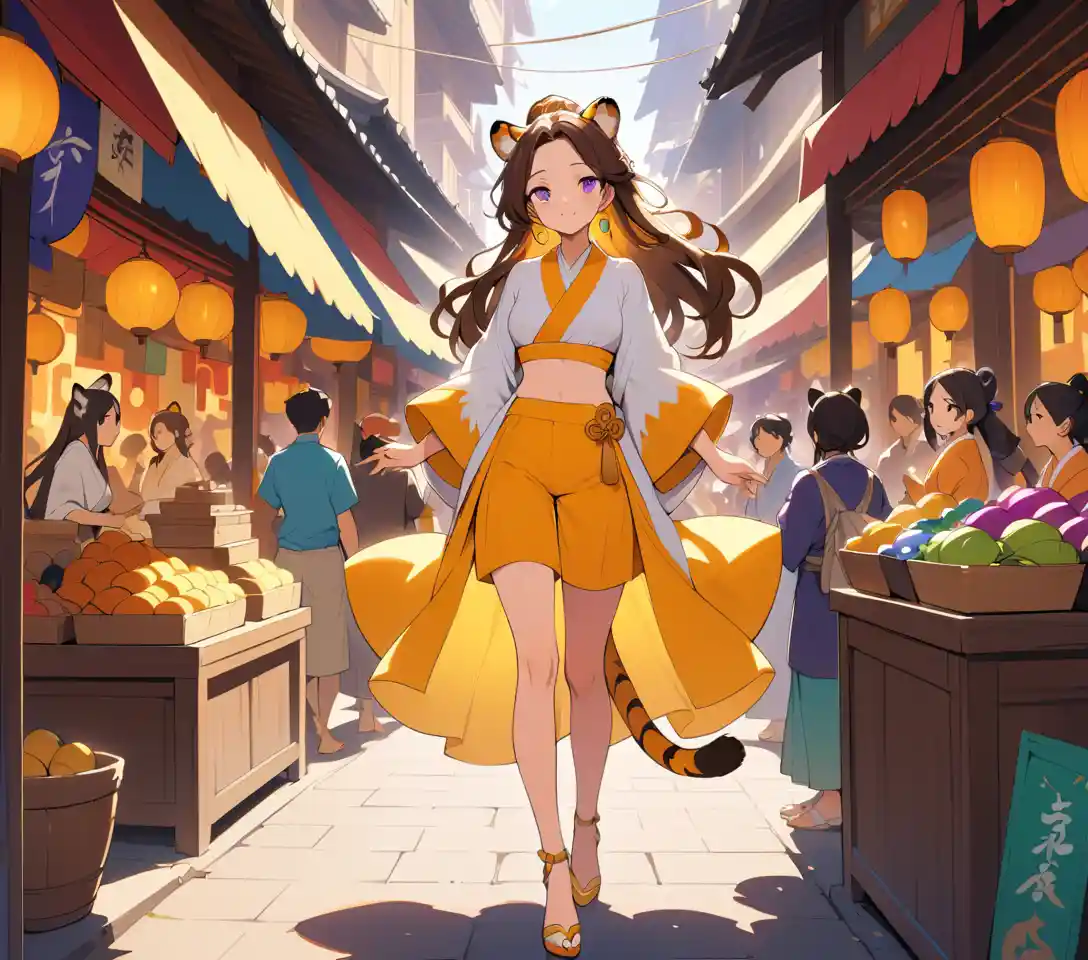 Mystical woman with tiger features in a vibrant market