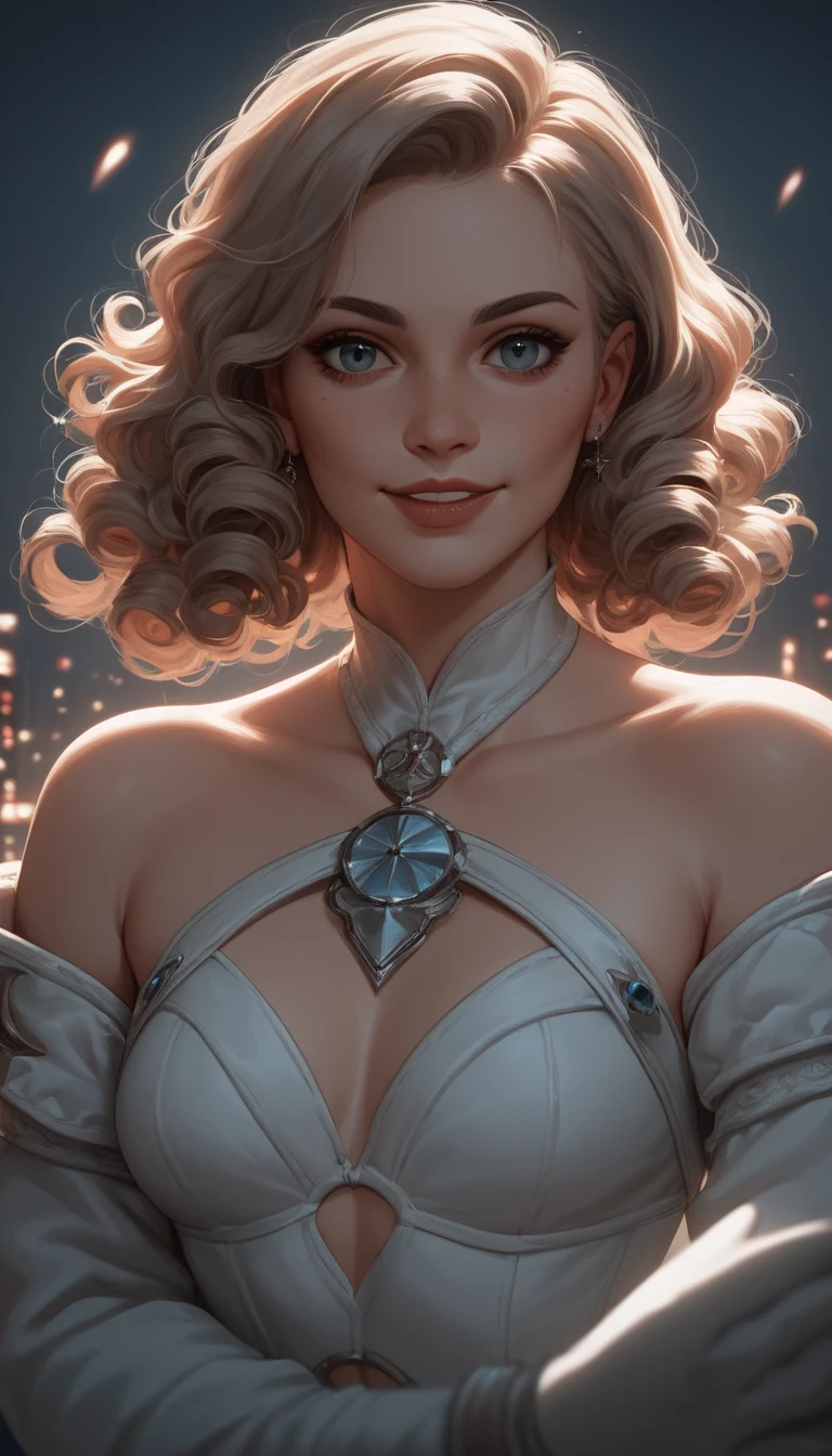 Confident game girl portrait with neon city backdrop