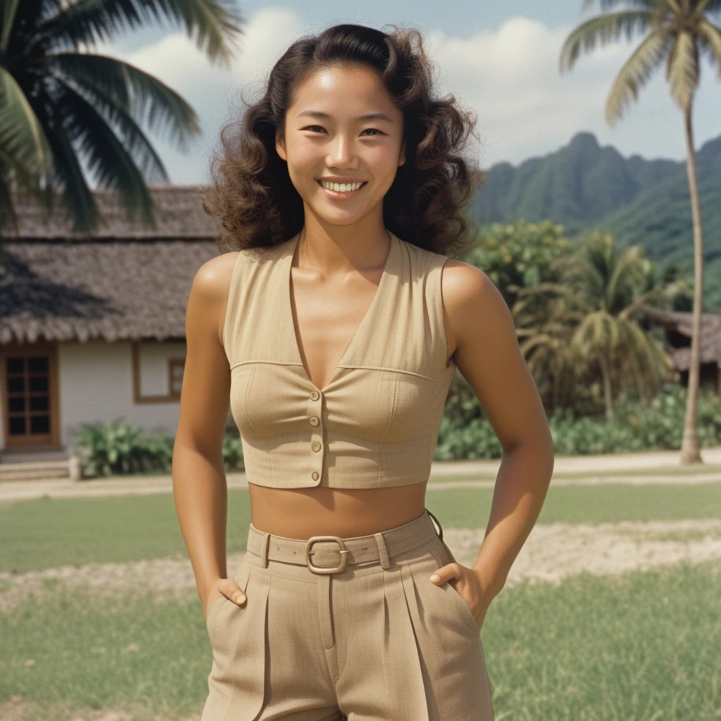 Ryukyuan woman in sleeveless shirt smiling outdoors in color