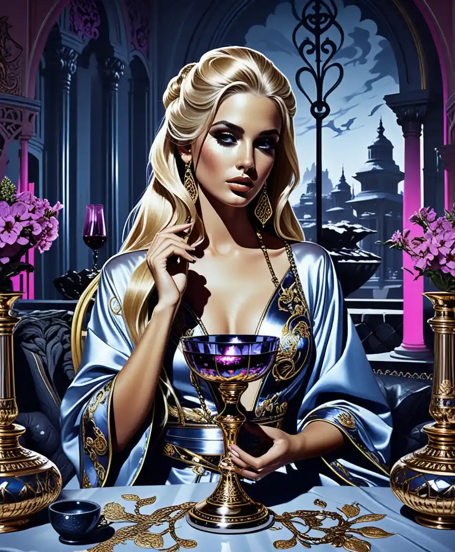 Mystical blonde enchantress at a gilded morning ritual table