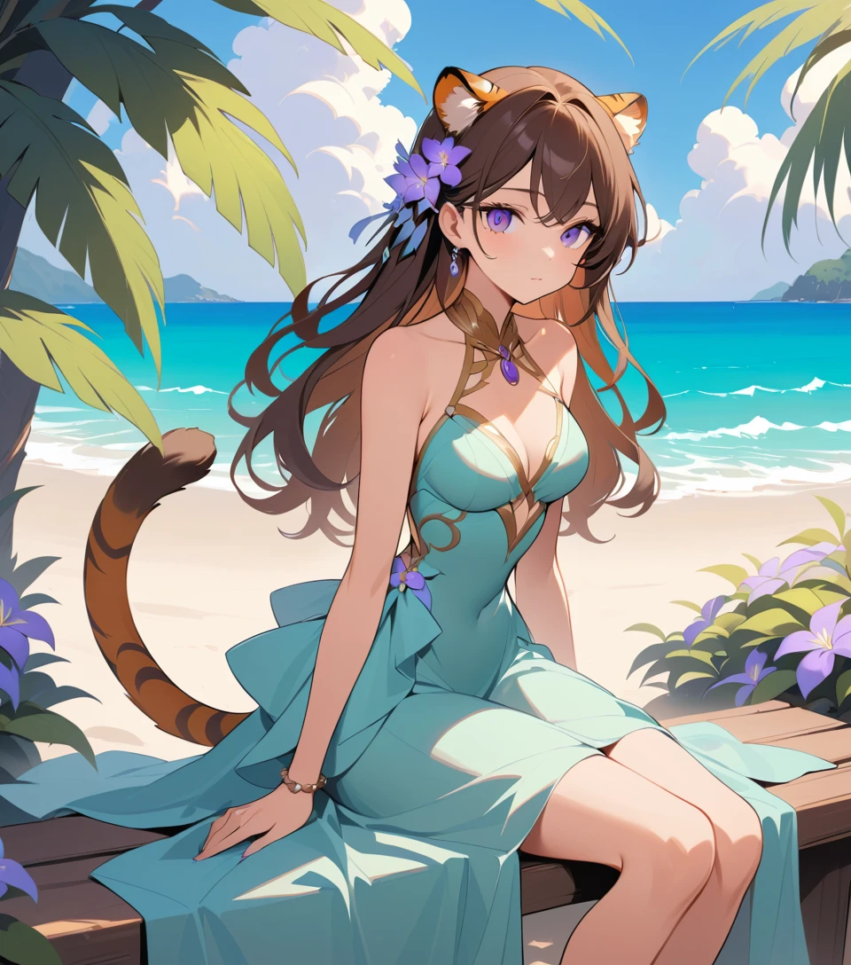 Elegant tiger eared woman resting by a tranquil sea