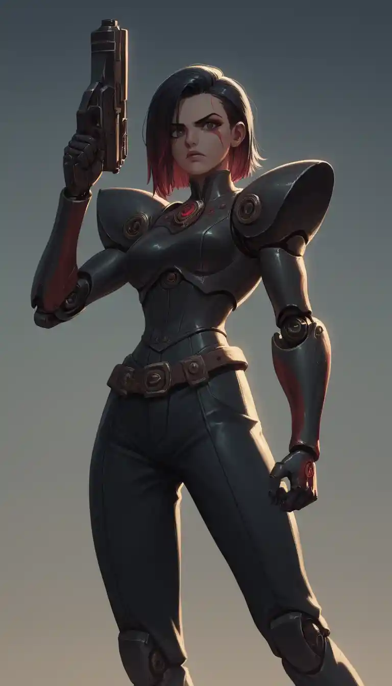 Cyborg cowgirl aiming a robotic revolver in saloon