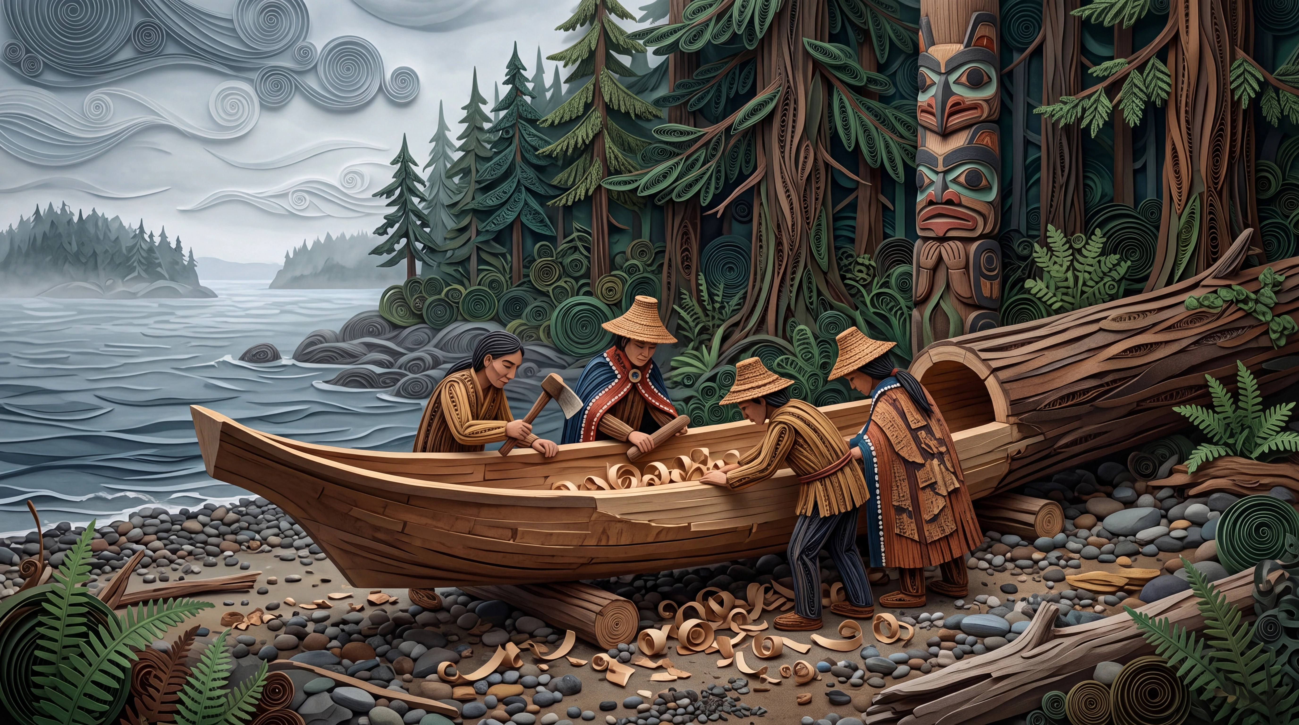 Haida people carving a cedar canoe on a forest beach