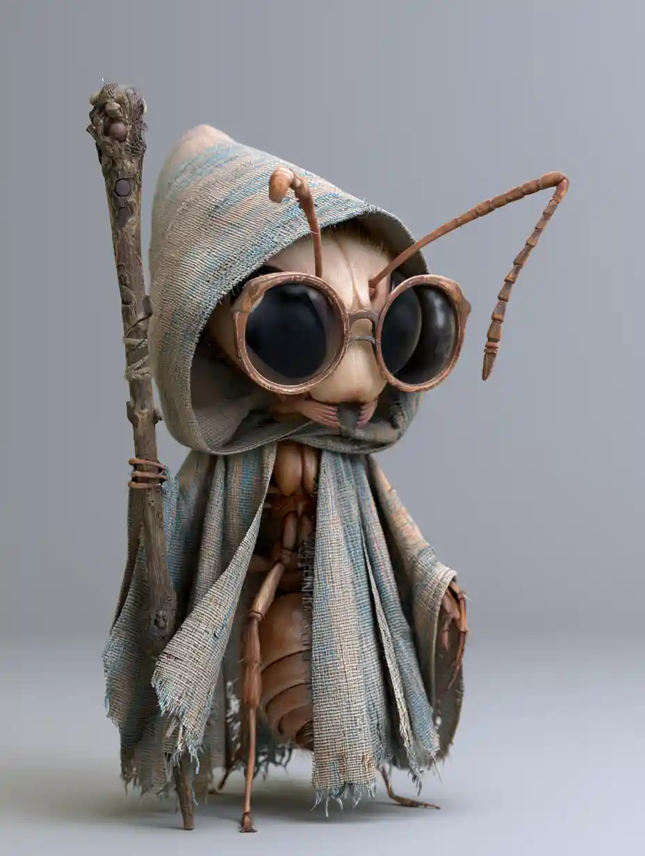 Wise ant wizard in cloak with staff on gray background
