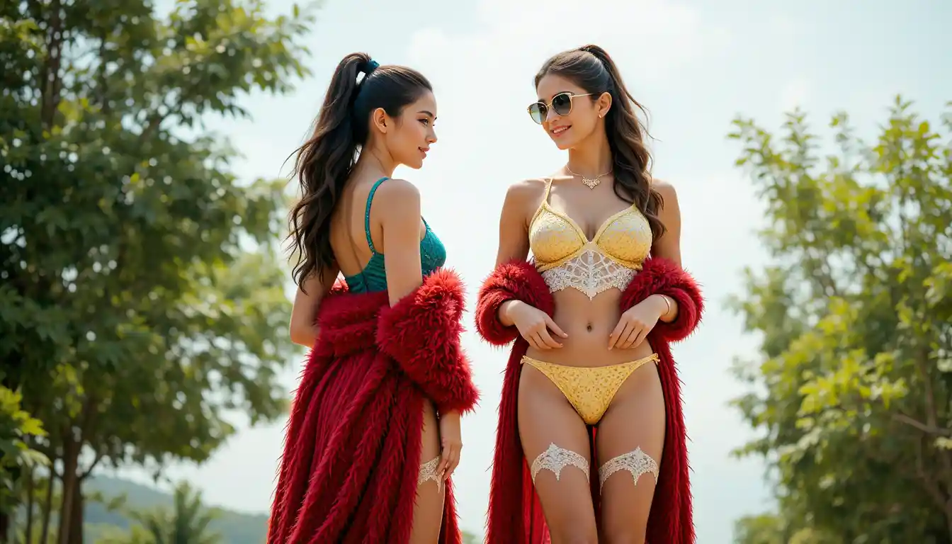 Two young women in swimsuits chatting in a sunny garden
