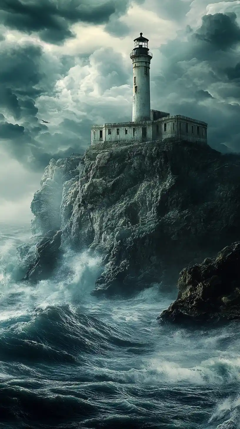 Stormy sea surrounding Alcatraz lighthouse on rugged cliffs