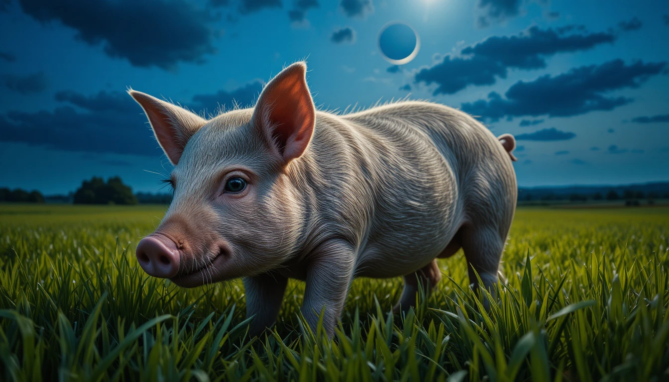 Close up portrait of a dark gray pig in green meadow