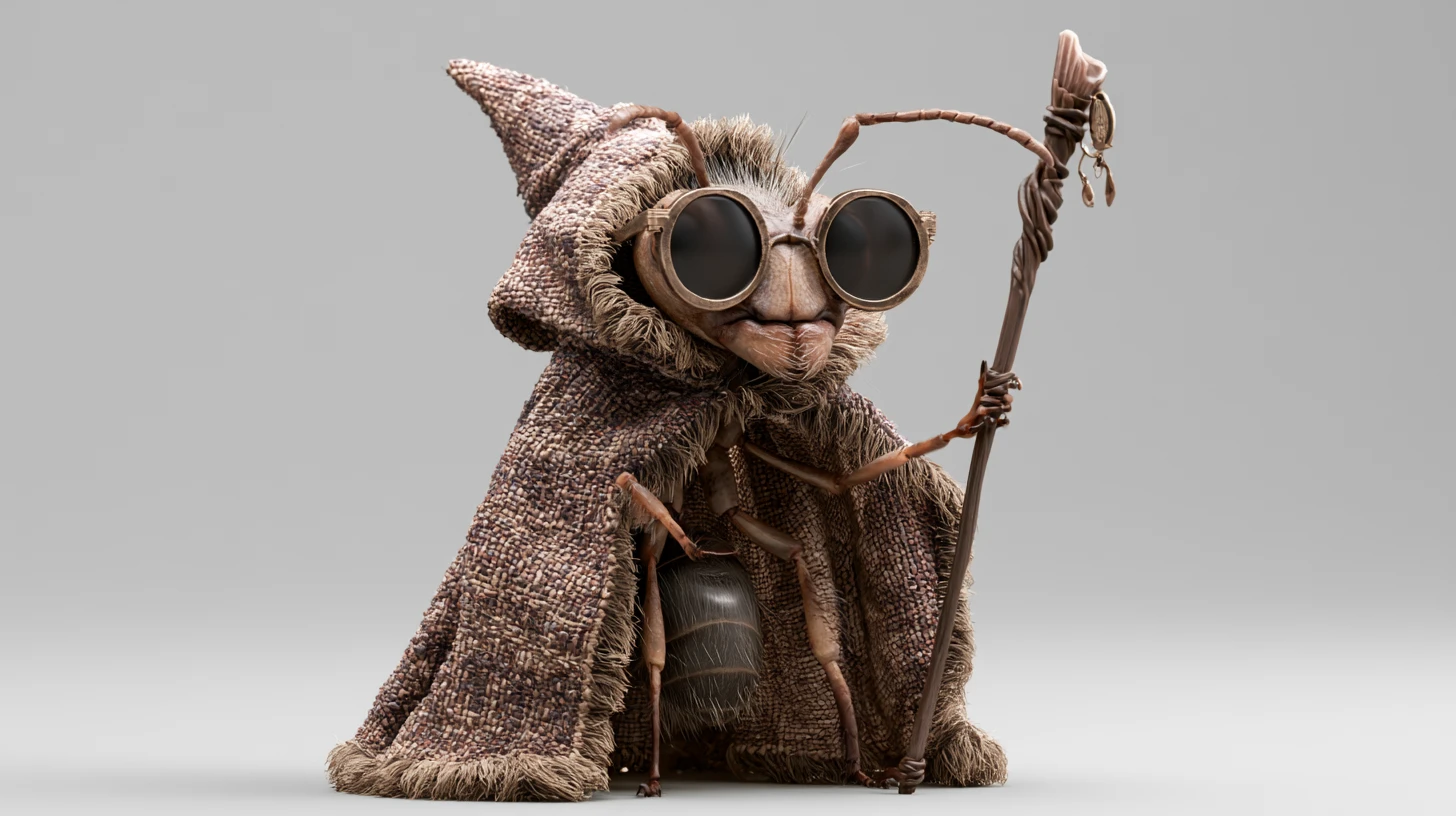 Anthropomorphic ant wizard in cloak with staff and sunglasses