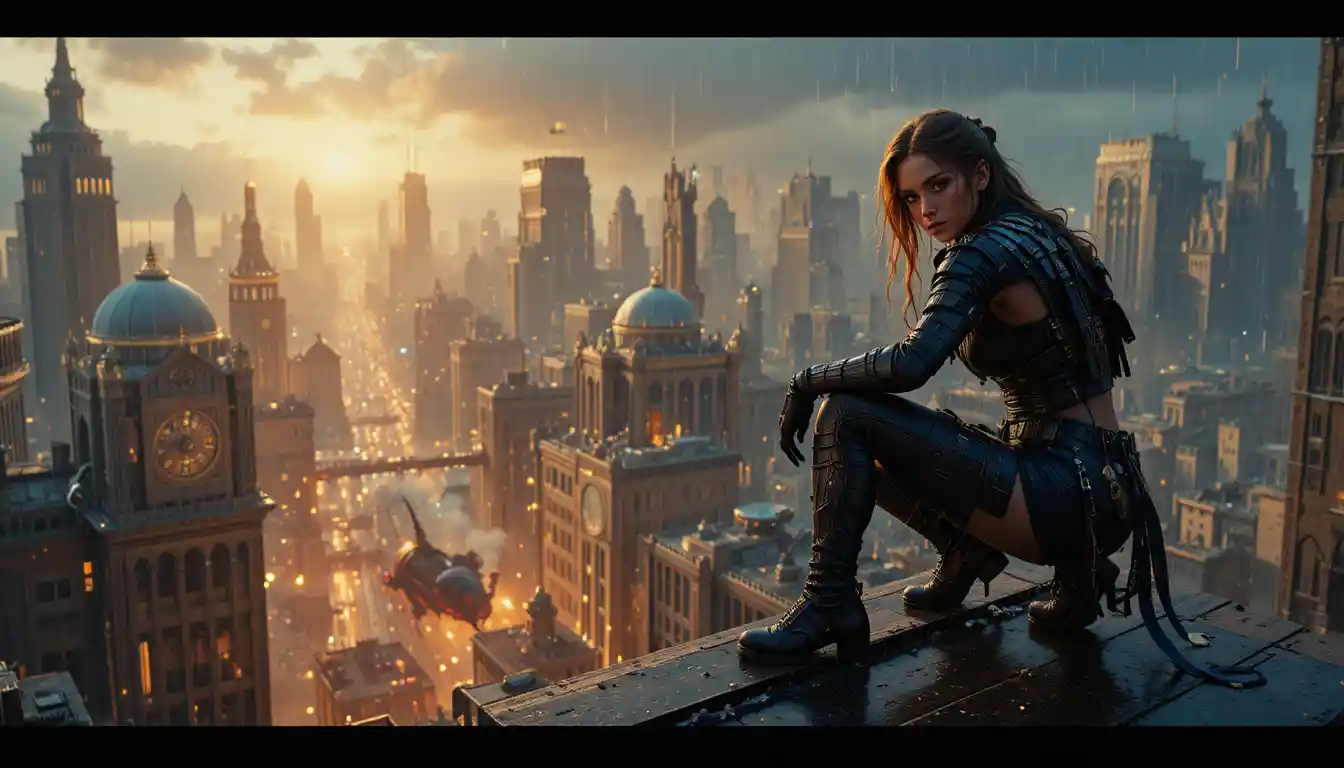 Female warrior on neon rooftop above steampunk city