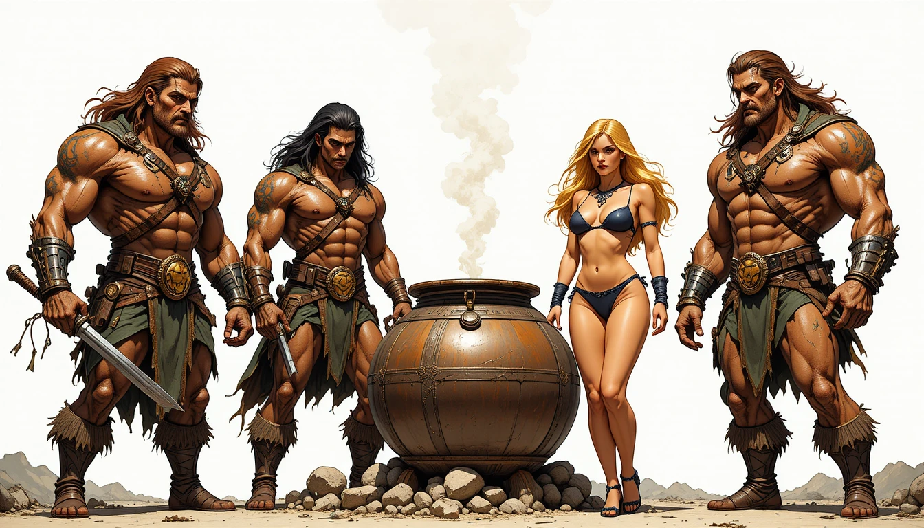 Fantasy warriors around a smoking cauldron and reclining woman